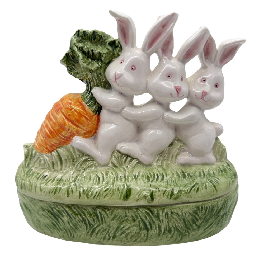 VTG Fitz and Floyd Omnibus Bunny Rabbit Carrot Trinket Box Easter Decor ceramic